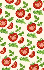 Illustration of a seamless pattern with tomato slices, parsley and rosemary on a light fresh background. Bright culinary design for packaging, textiles, menus and gastronomic projects.