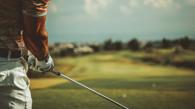 Golf player preparing to swing golf club on sunny day at serene golf course with blurred landscape in background and vibrant green fairway visible ahead.