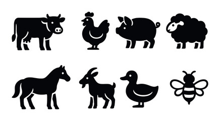 Farm animals silhouette icon set. featuring cow, chicken, pig, sheep, horse, goat, duck, bee symbols