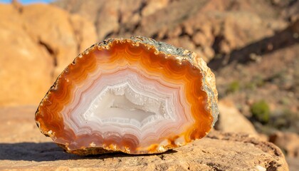 Orange agate slice on rocks