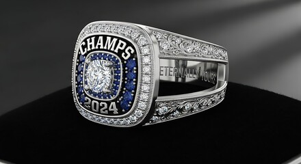Championship Ring 2024 with Diamonds and Blue Accents on Black Background.