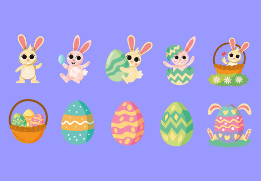 Colorful Easter Bunny Cute Illustrations Set