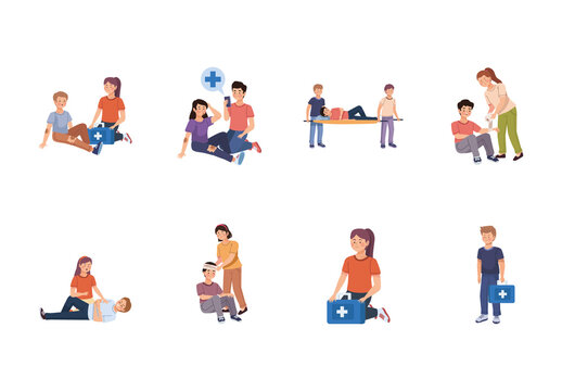 Colorful First Aids Kit Injury Health Illustration Set