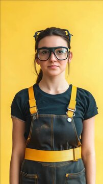 A woman wearing workwear-inspired fashion, including protective safety goggles and overalls with a modern twist.