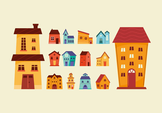 Colorful Houses Architecture Buildings Urban Illustrations Set