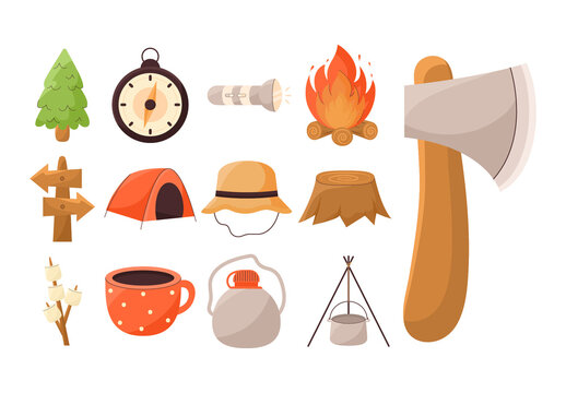 Colorful Camping Tools Forest Illustrations Set
