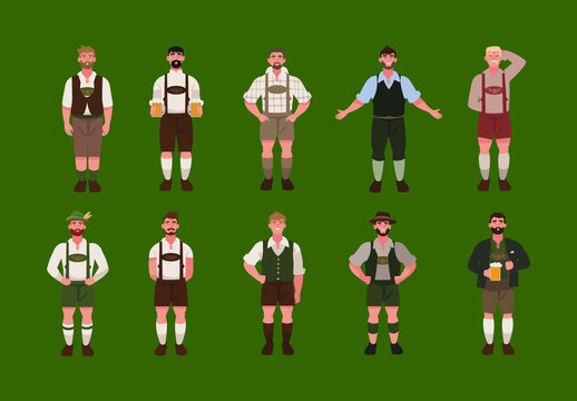 Colorful German Man Lederhosen Illustrations Set