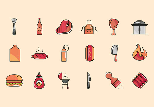 Colorful Grill Barbecue Meat Illustration Set