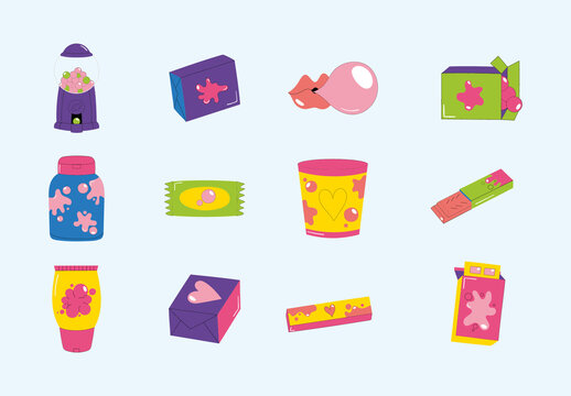 Colorful Bubblegum Candy Sweet Illustrations Set