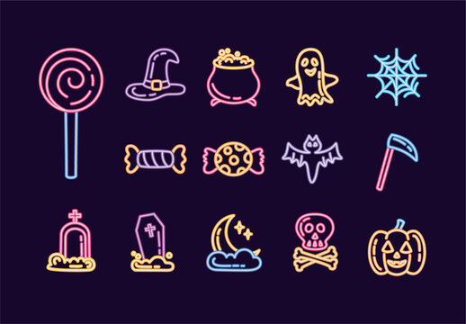 Colorful Halloween Neon Decoration Illustrations Set