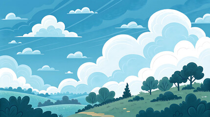 Fototapeta premium Cartoon landscape with clouds, trees, and hills in the sky
