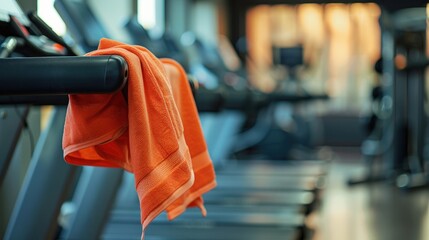 An orange towel rests on the handle of a treadmill in a modern gym. The background features blurred exercise equipment and warm lighting.