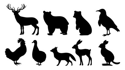 A collection of black vector silhouettes of farm and wild animals like dogs, cats, horses, cows, and deer on a white background