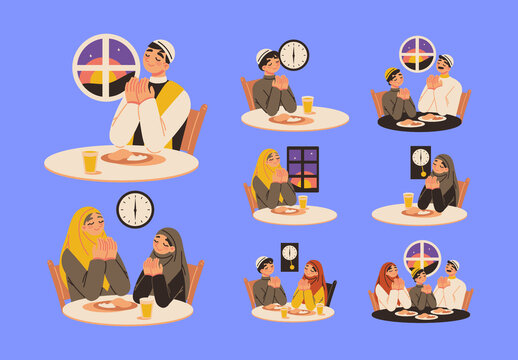 Colorful Iftar Ramadan People Illustration Set