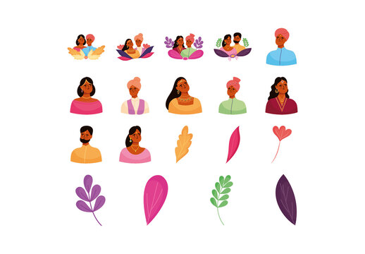 Colorful Indian People Culture Portrait Illustrations Set