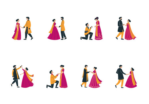 Pink And Yellow Indian Couple Engagement Ceremony Illustrations Set