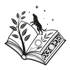 Mystical Wolf Howling on Open Book A Black and White Silhouette Illustration