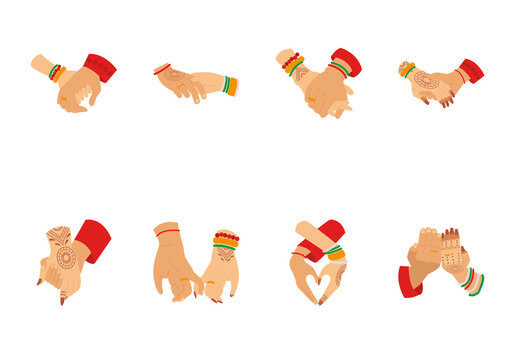 Red And Beige Indian Wedding Hands Illustrations Set
