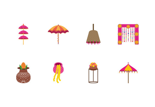 Colorful Haldi Indian Wedding Decoration Illustrations Set
