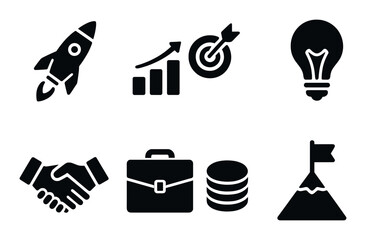 Business growth silhouette icon set. featuring rocket, graph, target, lightbulb, handshake, briefcase, coins, and flag icons