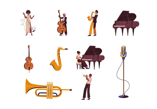 Colorful Jazz Music Instruments Performance Illustrations Set