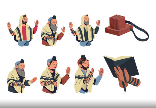 Colorful Jewish Tefillin Religion Illustration Set
