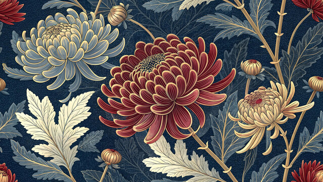 Chrysanthemum Crest Seamless Pattern, Japanese Kiku Floral Motif with Gold Outline on Navy, Vintage Botanical Wallpaper, Luxury Oriental Textile, Repeat Decorative Illustration