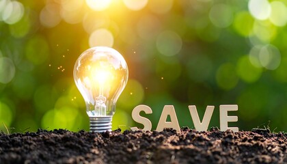 Illuminated lightbulb on soil with the word "save