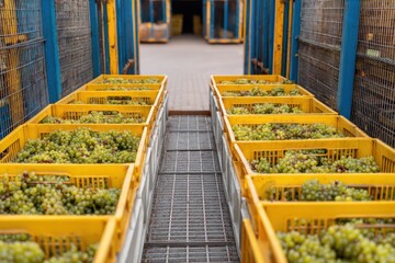 Yellow Crates Filled with Fresh Grapes in a Vineyard Storage Facility.