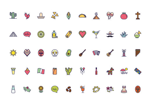 Colorful Mexican Culture Tradition Icons Set