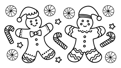Gingerbread Couple Coloring Page with Candies and Stars for Christmas Fun