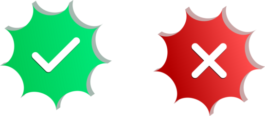 3D Green Check Mark and Red Cross Icons on Starburst Badges Isolated on Transparent Background