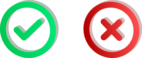 3D Green and Red Circular Check and Cross Icons Isolated on Transparent Background