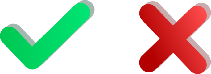 3D Green Tick and Red Cross Symbols Isolated on Transparent Background