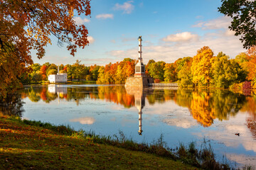 Grand pond in autumn in Catherine park, Tsarskoe Selo (Pushkin), Saint Petersburg, Russia