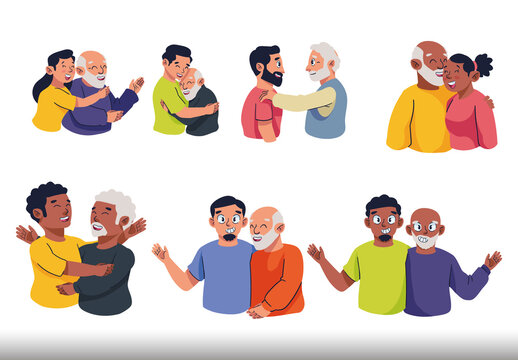 Colorful Old Father and Sons Generations Illustration Set