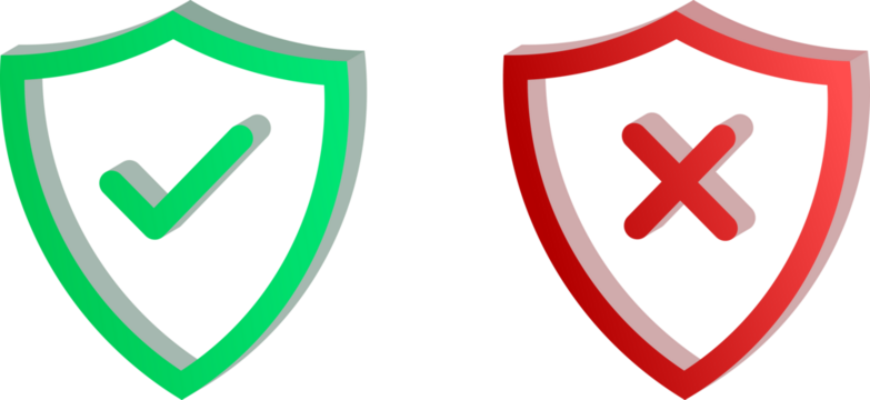 3D Green and Red Shield Check and Cross Icons Isolated on Transparent Background