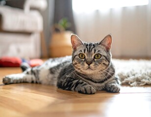 Fluffy gray and white cat lying on light wood floor
