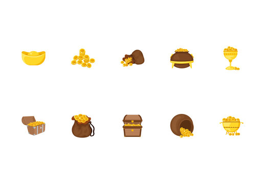 Yellow And Brown Old Money Treasure Gold Coins Wealth Icons Set