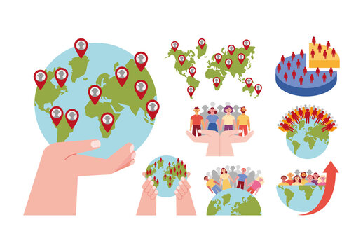 Colorful Overpopulation World People Growth Illustrations Set
