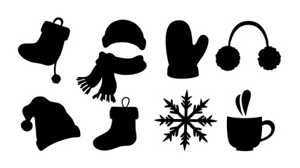 Elegant black silhouettes of cozy winter and festive holiday items create a versatile graphic collection, perfect for seasonal designs and creative projects