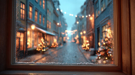 Cozy winter street view with festive lights and snow on window