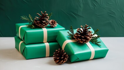 Festive green wrapped christmas presents adorned with natural pine cones and delicate greenery on a light surface against a textured dark green background