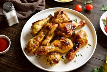 Barbecue roasted chicken drumsticks served with sauce