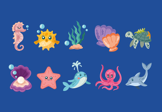 Colorful Sea Life Animals Illustration Set