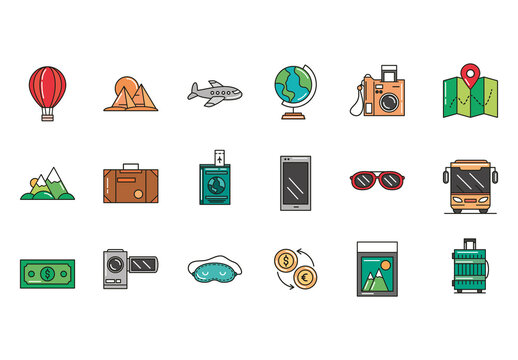 Colorful Travel Vacation Adventure Illustrations Set