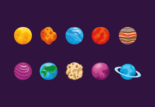 Colorful Universe Planets Galaxy Illustration Set