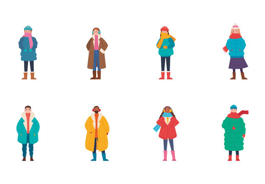 Colorful Winter People Fashion Outfit Illustrations Set