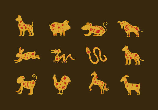 Golden Chinese Zodiac Animals Illustration Set