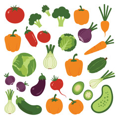 A vibrant assortment of fresh, healthy vegetables including tomatoes, broccoli, peppers, carrots, and more, arranged on a white background.
